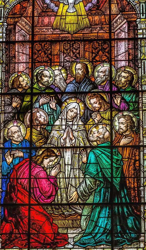 Adoration of Virgin Mary Disciples stained glass Gesu Church-Miami-Florida. Glass by Franz Mayer.